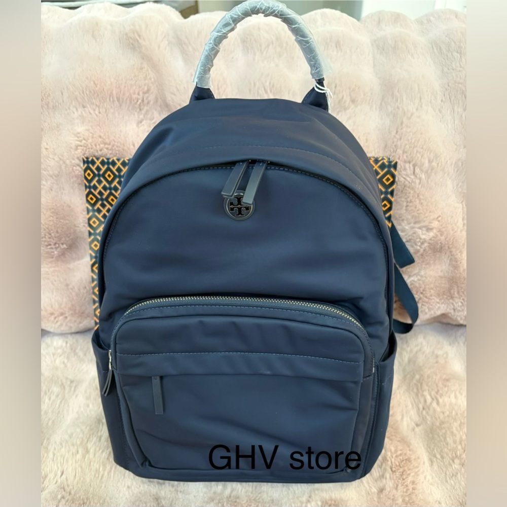 Tory Burch Navy Nylon Zip-Front Backpack